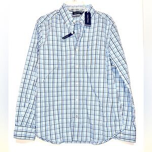 New Nautica Wrinkle Resistant Bright White Blue Checkered Shirt Men's Size M